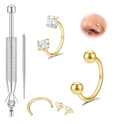 Titanium Horseshoe Nose Ring 20g, Gold Silver Nose Rings Hoops with Double CZ Gems Hypoallergenic Septum Ring for Women Men, Small Cartilage Helix Tragus Daith Labret Piercing Jewelry 7mm 8mm 9mm - color: Gold-Ball+CZ HNR
