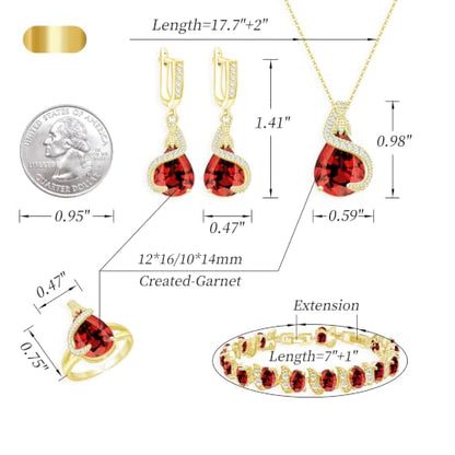 Jewelry Set for Women Teardrop Earrings Necklace Ring Bracelet Set Party Wedding Jewelry Gift for Mother Wife Friend - color: Gold-Garnet