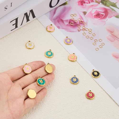 UMAOKANG 8 Mixed Color Enamel Charm, Gold Plated Stainless Steel Round Clover Bulk Charms Pendants DIY for Necklace Bracelet Jewelry Making Crafting - color: Round Clover