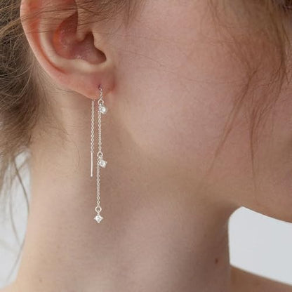 Chunky Hoop Huggie Dangle Tassel Pearl Bow Heart Charm Stud Cilp-on Earrings for Women, 14K Gold plated/Sterling Silver Plated CZ Large Jewelry Vintage Dainty Trendy Gift Daily Prom Party - style: 3CZ Tassel-SL