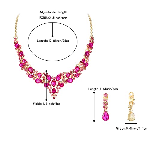 Wedding Statement Necklace Clip-on Earrings Jewelry Set | Sparkling Austrian Crystal Teardrop Cluster for Party Prom Accessories - color: 03-Fuchsia Gold-Tone
