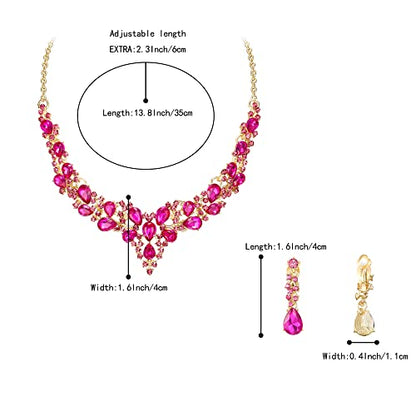 Wedding Statement Necklace Clip-on Earrings Jewelry Set | Sparkling Austrian Crystal Teardrop Cluster for Party Prom Accessories - color: 03-Fuchsia Gold-Tone
