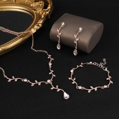 Hapibuy Crystal Bridal Wedding Jewelry Necklace Earrings Bracelet Set Rhinestone Choker Necklace For Brides Bridesmaid Women Party Acessory - color: Rose Gold