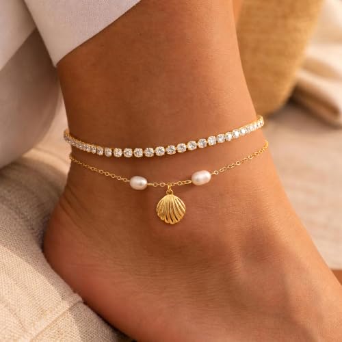 Robaice Anklets for Women, 14K Gold Plated Layered Ankle Bracelets | Waterproof Figaro Link Pearl Anklet, Ankle Bracelets for Women Stackable, Summer Beach Jewelry Gifts Non Tarnish - style: Gold CZ Seashell Anklet