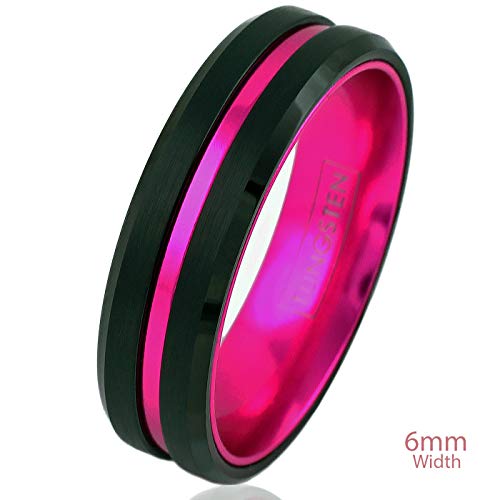Fantabulous 6mm/8mm Brushed Satin Finish Black Tungsten Carbide Band Ring w/Hot Pink Stripe & Hot Pink Anodized Aluminum Inner Band feat. Comfort Fit.
