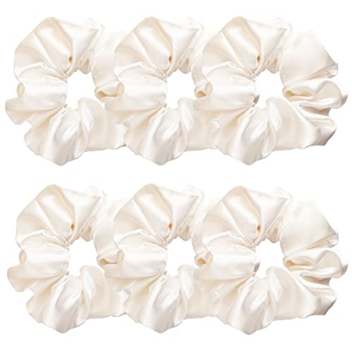 Sufermoe 6 Pcs Satin Silk Hair Scrunchies, Pearl White (Pearl white with a little peach pink, not pure white), 4.5 Inch, Hair Ties for Women and Girls, Hair Accessories - color: Pearl White