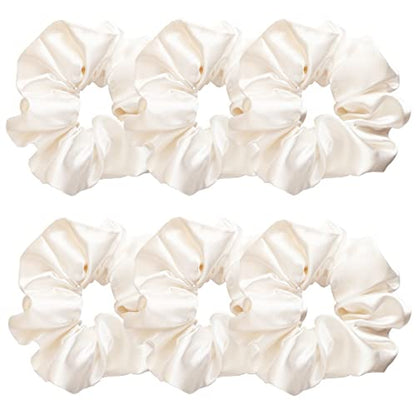 Sufermoe 6 Pcs Satin Silk Hair Scrunchies, Pearl White (Pearl white with a little peach pink, not pure white), 4.5 Inch, Hair Ties for Women and Girls, Hair Accessories - color: Pearl White
