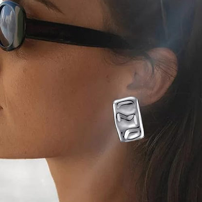 Geometric Rectangle Gold Plated Stud Earrings Irregular Hammered Chunky Statement Square Earrings for Women Trendy - color: Silver Rectangle
