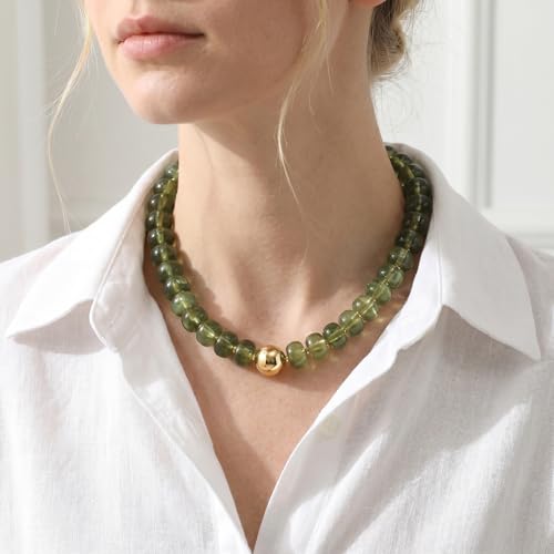 Badu Colorful Chunky Beaded Choker Necklace, Acrylic Colorful Bead Statement Necklaces, Adjustable Summer Beach Jewelry Gift for Women - color: Olive Green
