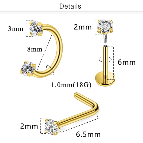Horseshoe Nose Ring 18G Internally Threaded Nose Rings Hoops Surgical Steel Half Double Cubic Zirconia Nostril Studs Lip Eyebrow Helix Daith Ear Piercing Jewelry For Women - color: goldtone