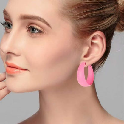 Anmpab Large Matte Round Hoop Earrings for Women Retro Geometric Pierced Neon Color Circle Dangle Earrings Party Jewelry - color: Pink