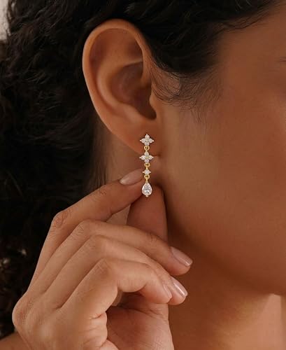 Dangle Earrings for Women, Dainty Teardrop Drop Earrings 14K CZ Flower Gold Earrings for Women Trendy Bridal Earring Set Hypoallergenic Stud Dangly Earring Stack Wedding Prom Fashion Jewelry - color: cz flower drop earrings