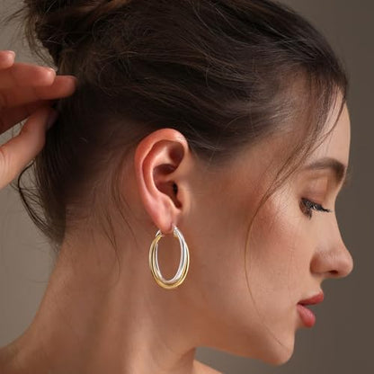 LeCalla 925 Sterling Silver Chunky Hoop Earrings | 14K Two-Tone Three-Tone Hoop Earrings | Intertwining Oval Shape Polished Twisted Hoop Earrings for Women - color: "Large" Two-Tone 40mm