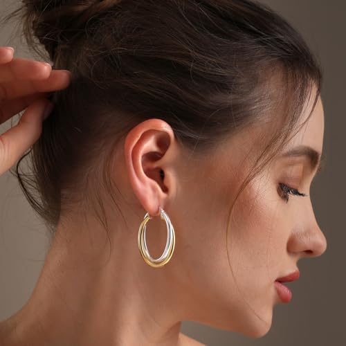 LeCalla 925 Sterling Silver Chunky Hoop Earrings | 14K Two-Tone Three-Tone Hoop Earrings | Intertwining Oval Shape Polished Twisted Hoop Earrings for Women - color: "Large" Two-Tone 40mm