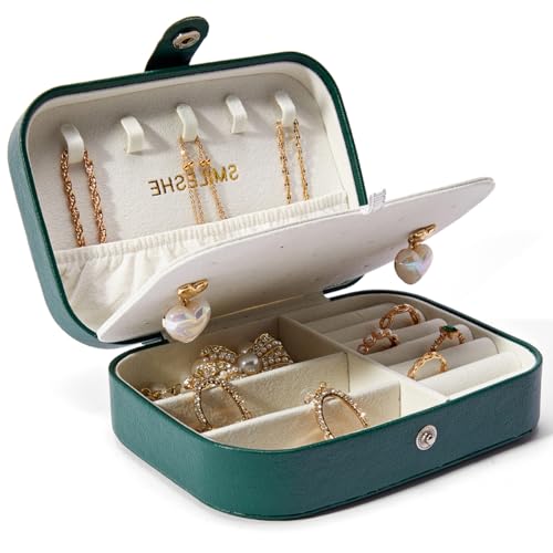 Smileshe Jewelry Box, PU Leather Small Portable Travel Case, 2 Layers Organizer Display Storage Holder Boxes for Rings, Earrings, Necklaces, Bracelets - color: Leather-Green
