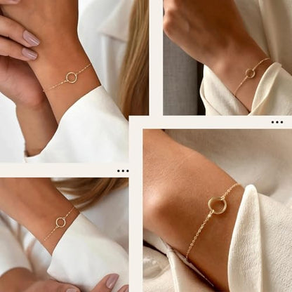 Solid 925 Sterling Silver Bracelets for Women, Dainty Interlocking Circles Cubic Zirconia Adjustable Chain Bracelet, Trendy Stackable Link Bracelets, Simple Cute Jewelry Gifts - color: Gold Karma Circle