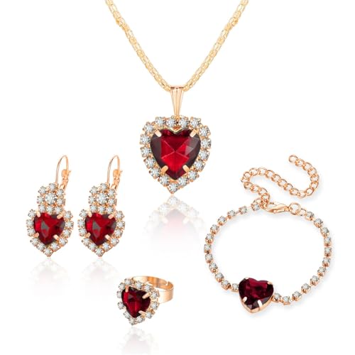 MALOYANVE 4PCS Crystal Heart Jewelry Set Glitter Gold Cubic Zirconia Love Heart Pendant Necklace Lightweight Hoop Earrings Bangle Bracelet Adjustable Open Ring Prom Wedding Jewelry for Women - color: Red