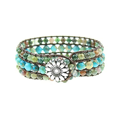 YGLINE Boho Handmade Natural Stone Bead 3 Row Wide Wrap Wrist Statment Bracelet Jewelry Collection - color: agate