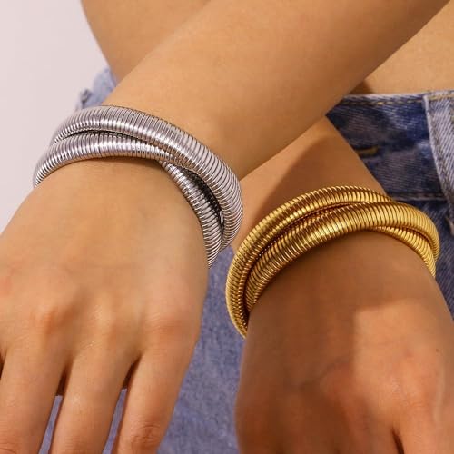 Gold Chunky Stretch Snake Chain Bangle Bracelets Stack for Women Trendy, 18K Gold Filled Stainless Steel Stretchy Womens Stackable Wristband Bangles Bracelet Set - style: TWISTED 2PCS Gold-plated&SILVER