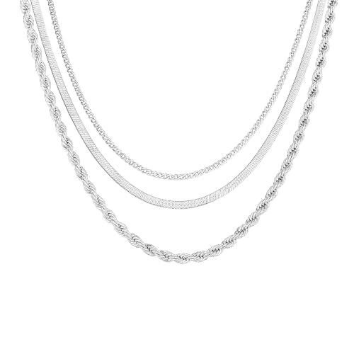 Layered Necklaces for Women, 3 Chain Choker Set, 14k Gold/Silver Plated | 3 Detachable Strands, 7+ Ways to Wear, Tangle Free Design, Herringbone Rope Curb Textures, Tarnish Resistant - color: Silver