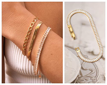 PEARLADA 18k Gold Plated Chain Layerd Bracelet Coin Charm Toggle Bracelet Trendy Cubic Zirconia Jewelry - color: 6. Baguette tennis