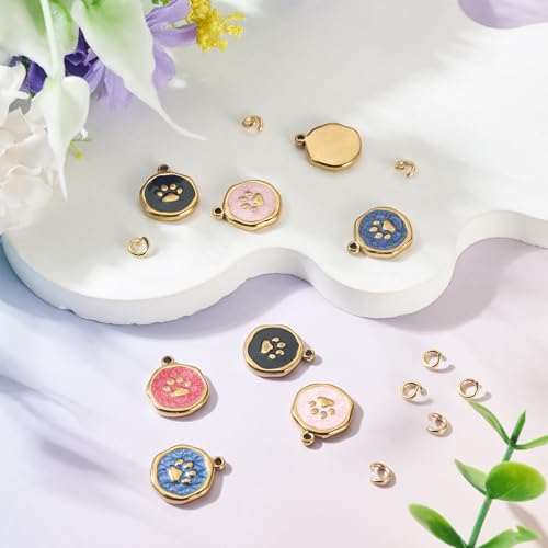 8Pcs Flat Round Dog Paw Print Enamel Charms Pendant, Cute Animal Footprint Golden Stainless Steel Dangle Charm with Jump Ring for DIY Necklace Earring Keychain Jewelry Making - color: Dog Paw Print