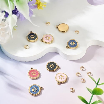 8Pcs Flat Round Dog Paw Print Enamel Charms Pendant, Cute Animal Footprint Golden Stainless Steel Dangle Charm with Jump Ring for DIY Necklace Earring Keychain Jewelry Making - color: Dog Paw Print