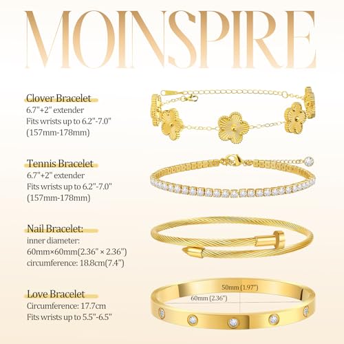 MOINSPIRE Gold Bracelets for Women, 18K Gold Plated Tennis Nail Clover love Bangle Bracelets Set Non Tarnish, Stainless Steel Trendy Stackable Bracelet Fashion Jewelry Accessories Gifts for Christmas - color: A1-Gold
