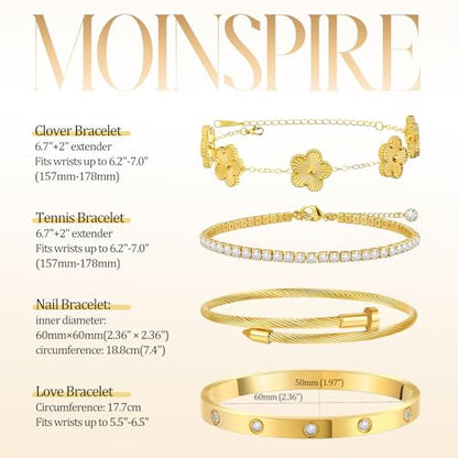 MOINSPIRE Gold Bracelets for Women, 18K Gold Plated Tennis Nail Clover love Bangle Bracelets Set Non Tarnish, Stainless Steel Trendy Stackable Bracelet Fashion Jewelry Accessories Gifts for Christmas - color: A1-Gold