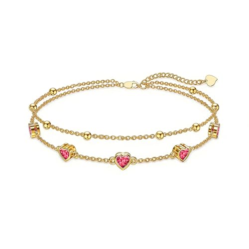 Midari 18K Yellow Gold Gemstone Birthstone Anklet Bracelet Heart Jewelry with 12 Months Birthstone Birthday Gifts for Women Wife Her Daughter Mom - color: 07-Jul-Ruby, size: Bracelet 7"-9"