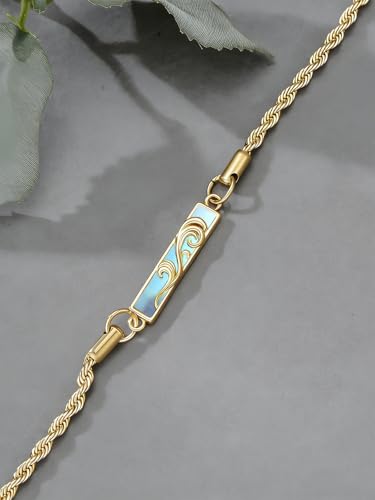 Waves/Tree of Life/Mushrooms/Moon Phase/Butterfly/Hummingbird Bracelet/Anklet 925 Sterling Silver Adjustable Abalone Shell Bar Bracelet/Anklet Summer Jewelry Gifts for Women - color: Waves-Moonstone-Yellow Gold, size: Bracele 7"+2"