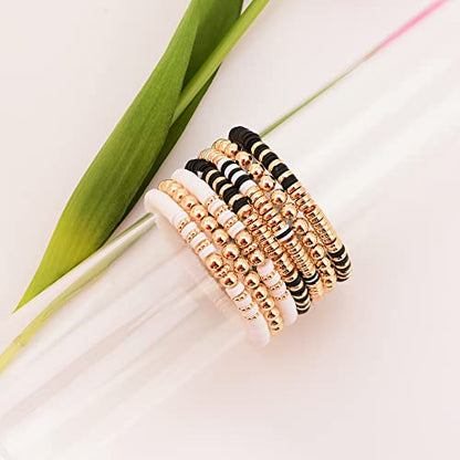 Summer Surfer Heishi Bracelet Set for Women Stackable Gold Plated Clay Ploymer Bead Stretch Pink Beach Layering Bracelets Jewelry - color: A-black&white 7pcs
