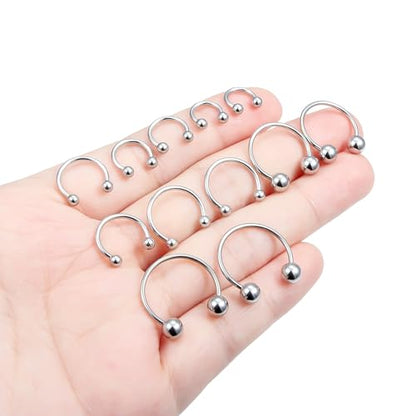 Hoeudjo 16G Septum Rings Stainless Steel Horseshoe Hoop Ring Lip Rings Hoop Smiley Piercing Jewelry for Women Men Diameter 6mm 8mm 10mm 12mm 14mm 16mm - color: silvertone