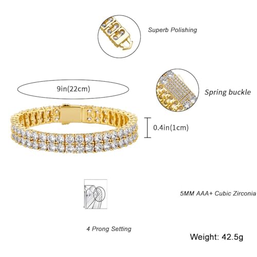 JINAO 2-Row Tennis Bracelet for Men & Women, 14K Gold Plated Brass, Iced-Out Cubic Zirconia Chain, Unisex Hip-Hop Style - color: 5mm 8" Golden