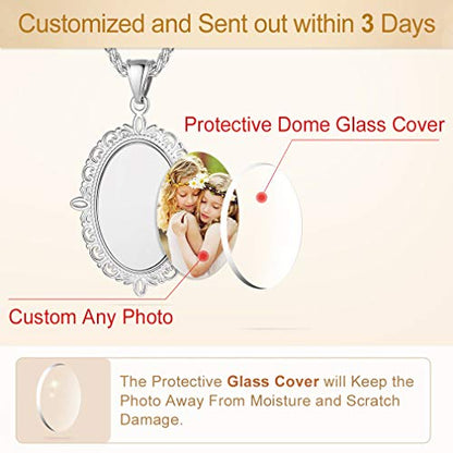 Custom4U Personalized Photo Necklace - Custom Heart/Oval/Round Charm Necklaces with Picture + Chain Adjustable - Stainless Steel/Acrylic Pendant Memorial Jewelry Christmas Gifts for Women - color: E-Silver Color