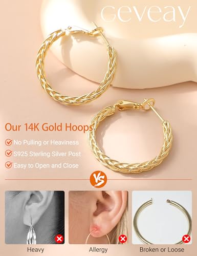 3MM Wide Silver Hoop Earrings for Women Hypoallergenic 925 Sterling Silver Post Hoop Earrings Lightweight Large Big Twisted Silver Hoop Earrings for Everyday Wear 30MM/40MM/50MM - color: 40MM Gold