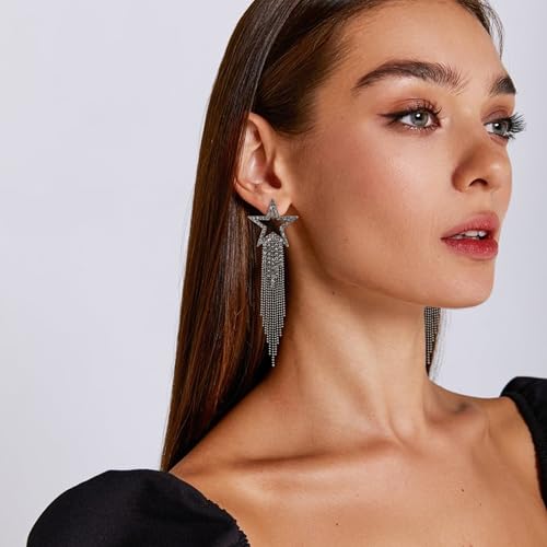 EVER FAITH Crystal Long Waterfall Star Tassel Clip-on Earrings for Women | Rhinestone Beaded Fringe Chandelier Dangle Statement Earring, Wedding Party Jewelry - color: Grey Black-Tone