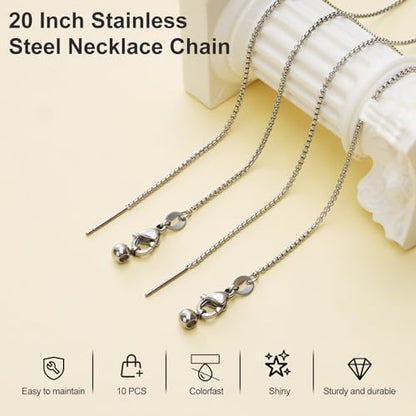 10 Pcs Adjustable Silver Necklace Chains Dainty Box Chain Bulk | 20 Inches Stainless Steel Chain for Jewelry Making with Lobster Clasps for Women - color: Silver Box