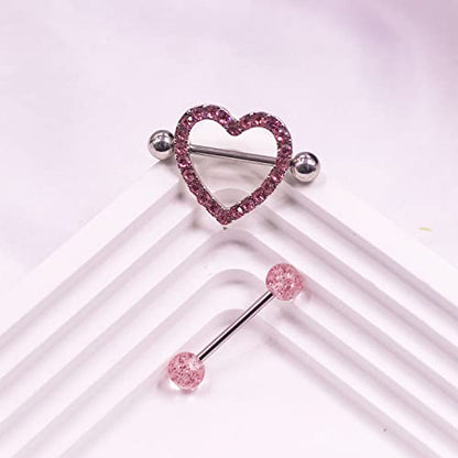 VERAMI 14G Stainless Steel Heart Nipple Rings and Barbell - Butterfly, Starlight Acrylic Ball, Tongue Rings for Women and Men - color: PINK-CZ
