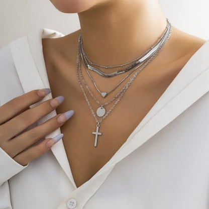 CSIYANJRY99 Layered Gold Necklaces for Women Chunky Gold Necklace Stack Layered Cuban Paperclip Snake Chain Necklace Retro Coin Dainty Pendant Toggle Clasp Necklace - style: Silver Cross Disc