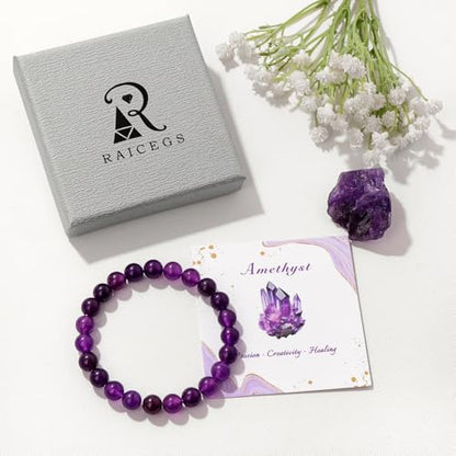 Raicegs 4 6 8MM Beaded Bracelets Healing Crystal Bracelet for Women Men Natural Stone Handmade Stretch Bracelet Reiki Spiritual Jewelry - color: Amethyst, size: 8mm