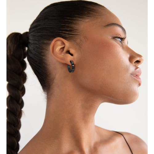 Trendy 14K Gold Plated Hoop Earrings for Women, Chunky Gold/Silver Earrings for Women Cubic Zirconia Baguette Hoop Earrings Heart Hoops Lightweight Hypoallergenic Jewelry,25mm/35mm/40mm/50mm - color: 01 Black CZ Hoops 25mm