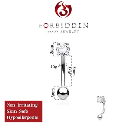 Forbidden Body Jewelry 16g 8mm Surgical Steel Curved Barbell w/Solitaire CZ for Daith, Eyebrow & Rook Piercings - color: Steel/Clear