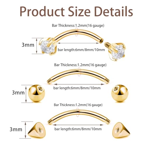 9PCS Gold Eyebrow Piercing Jewelry Titanium, Rook Jewelry Gold Surgical Steel Silver Eyebrow Rings for Women Men CZ Tiny Labret Lip Daith Navel Belly Button Helix Tragus Piercing Jewelry 16G 6mm/8mm/10mm - style: Gold