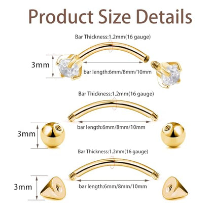 9PCS Gold Eyebrow Piercing Jewelry Titanium, Rook Jewelry Gold Surgical Steel Silver Eyebrow Rings for Women Men CZ Tiny Labret Lip Daith Navel Belly Button Helix Tragus Piercing Jewelry 16G 6mm/8mm/10mm - style: Gold