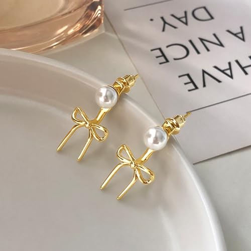 Pearl Earrings for Women 14k Gold/Silver Pearl Drop Earrings Long White Pearl Tassel Dangle Statement Earrings Bridal Wedding Dainty Prom Earrings Birthday Gifts Jewelry - color: Gold Bow Pearl Earrings