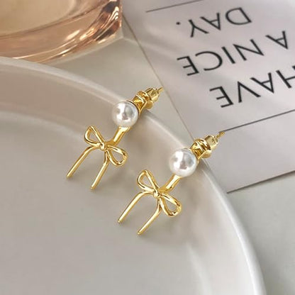 Pearl Earrings for Women 14k Gold/Silver Pearl Drop Earrings Long White Pearl Tassel Dangle Statement Earrings Bridal Wedding Dainty Prom Earrings Birthday Gifts Jewelry - color: Gold Bow Pearl Earrings