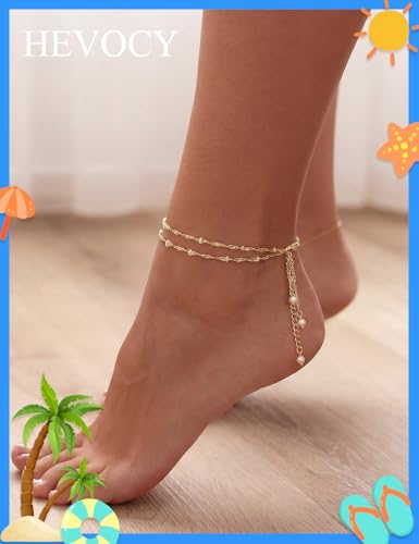 Gold Anklet Set for Women, Layered Beach Anklets | Layered gold-tone ankle bracelets, designed for beach days, vacations, and summer wear - style: Gold Anklet 4