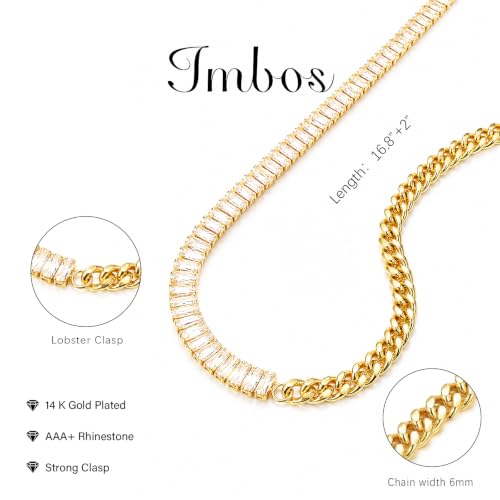IMBOS 14K Gold Plated Chunky Chain Choker Necklaces for Women Chunky Gold Necklace Tennis Necklace for Women CZ Love Chain Cuban Link Choker Jewelry Gifts - color: Gold-Baguette Cuban