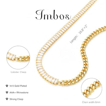 IMBOS 14K Gold Plated Chunky Chain Choker Necklaces for Women Chunky Gold Necklace Tennis Necklace for Women CZ Love Chain Cuban Link Choker Jewelry Gifts - color: Gold-Baguette Cuban